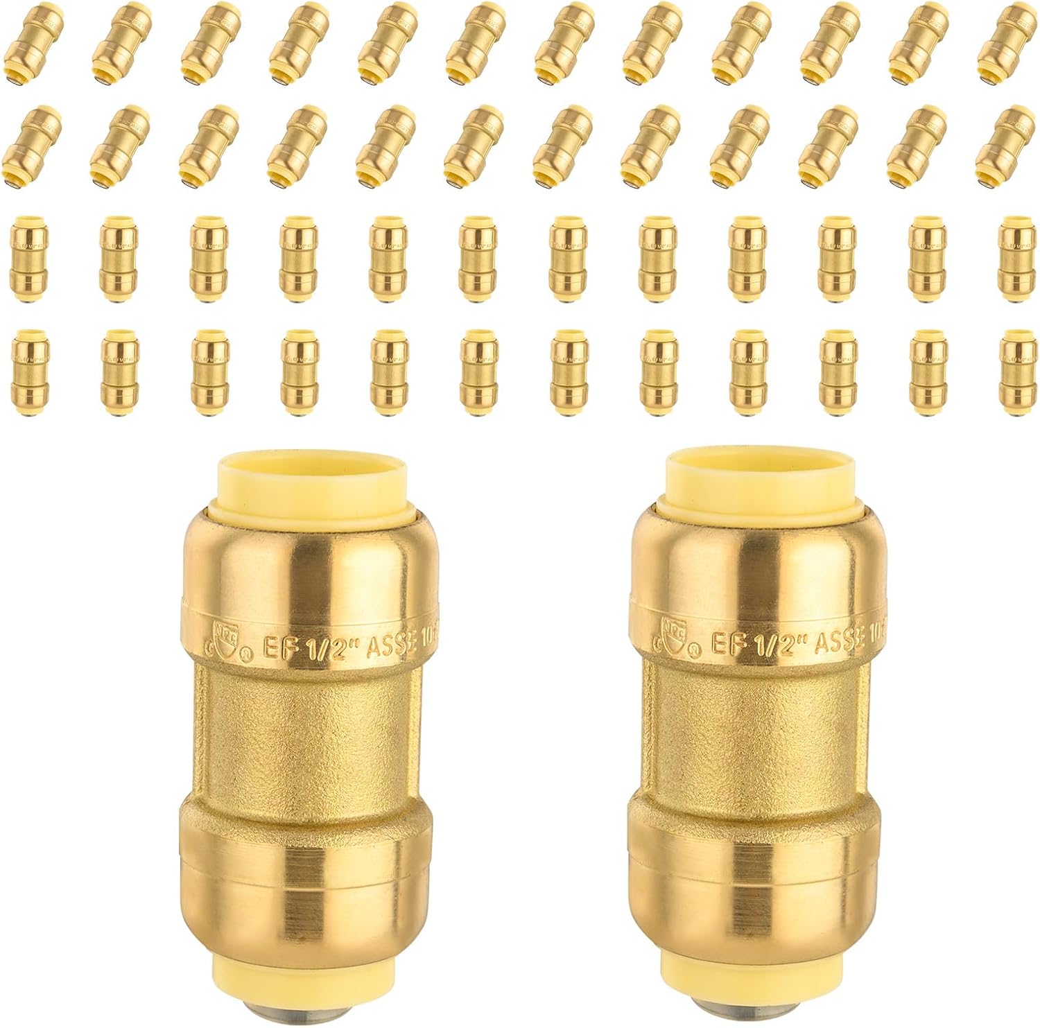 (Pack of 50) Foskan Push Fit Fittings, 1 Inch x 1 Inch Brass Straight Coupling With Disconnect Clip, Push to Connect PEX, Copper, CPVC Pipes for Pipe Repairs & Projects