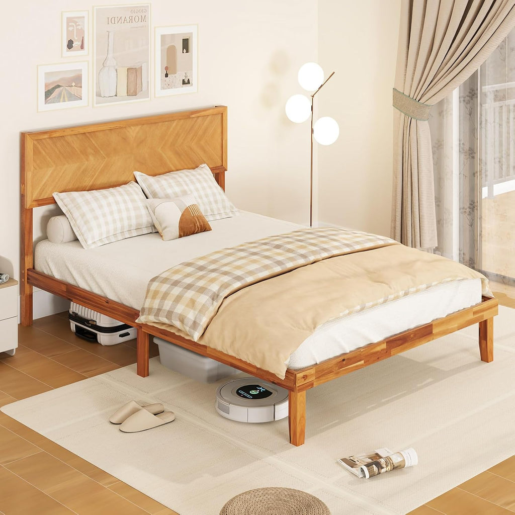 Giantex Wood Full Size Bed Frame with Headboard, Solid Acacia Wood Platform Bed with 12 Strong Wooden Slat Support, Scandinavian Style Art Deco Full Bed Frame, No Box Spring Needed, Rustic Brown