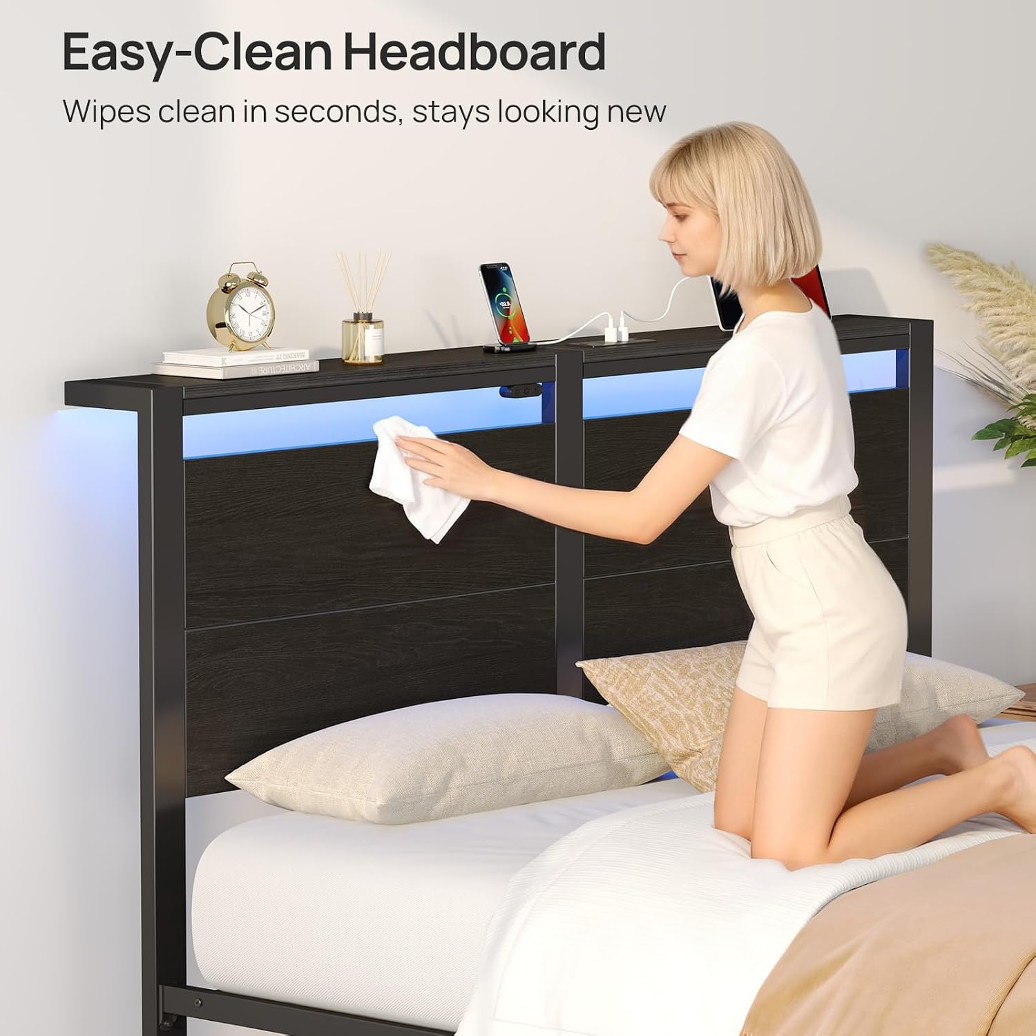 Rolanstar Full Bed Frame with Headboard, Bed Frame Full with LED Lights, Camas Full Size Bed with Charging Station, Solid Metal Slats, Noise Free, No Box Spring Needed, Black
