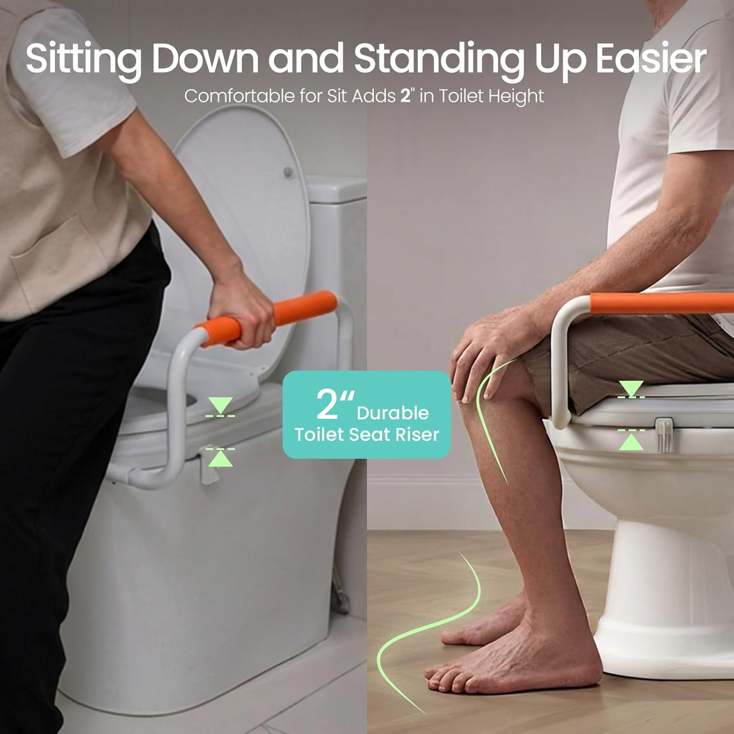 R&T Toilet Seat Riser 2' Raised Seat with Removable Padded Handles Fit for Elongated Toilets