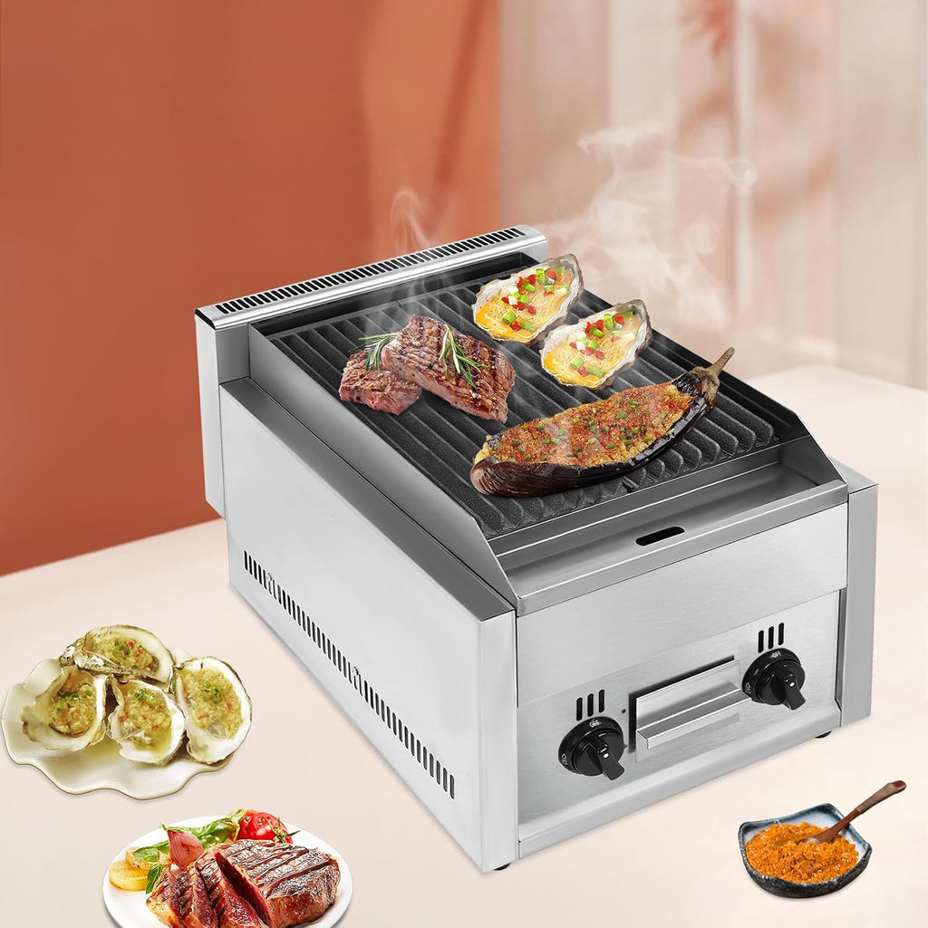 Commercial Gas Grill, Professional Gas Broiler Grill with Dual I Type Burners Cast Iron Grill Independent Knob and Switches Removable Grill Pans Stainless Steel Gas Grill for Western Restaurants Etc