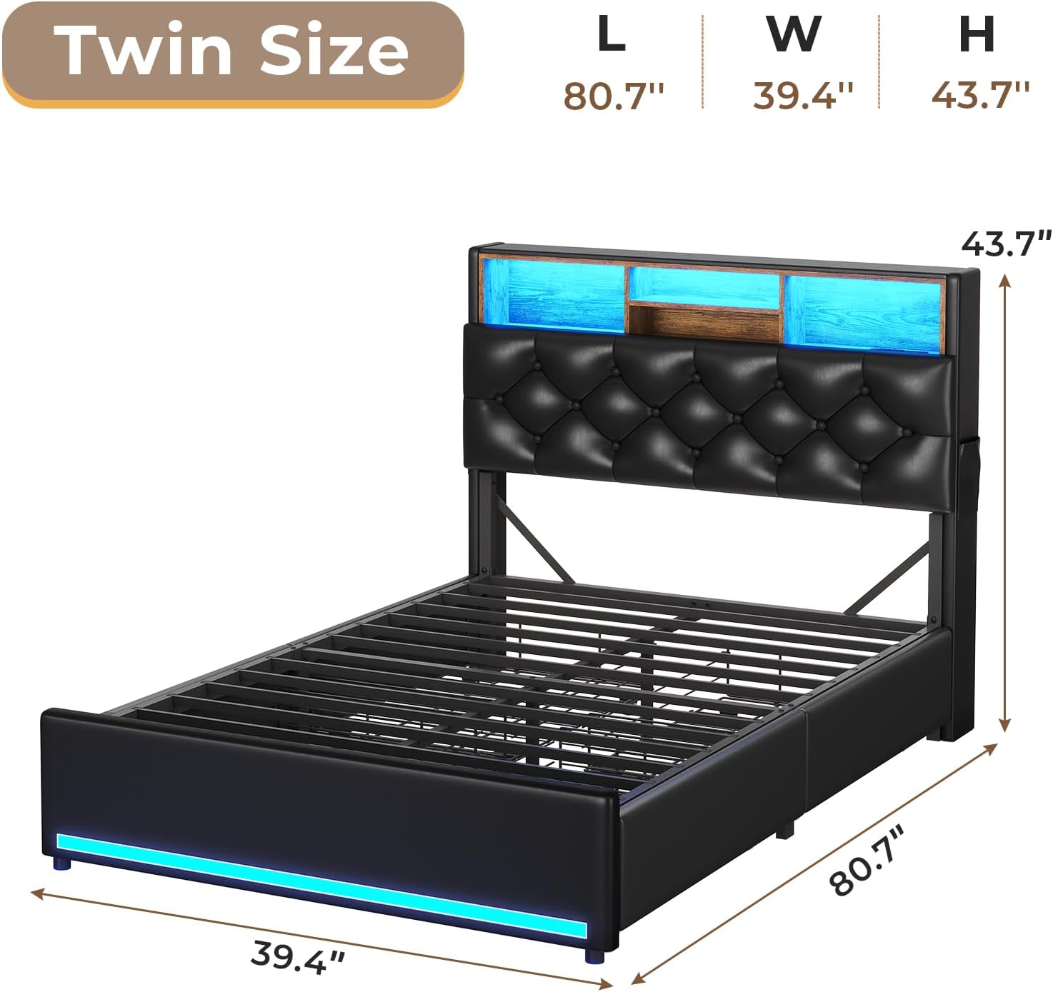 HAUOMS Twin Bed with 3-Tier Headboard & Hidden Storage, Upholstered LED Frame with 4 Drawers and Charging Station, Platform Metal Bed with Storage, No Box Spring Needed, PU Black