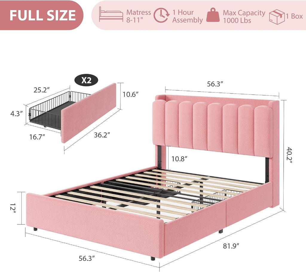 Garvee LED Full Size Bed Frame with Storage Headboard, Kids Bed Frame with 2 Drawers, Boucle Upholstered Platform Bed for Girls, Chic Wavy Headboard with Bookcase, No Box Spring Needed, Pink