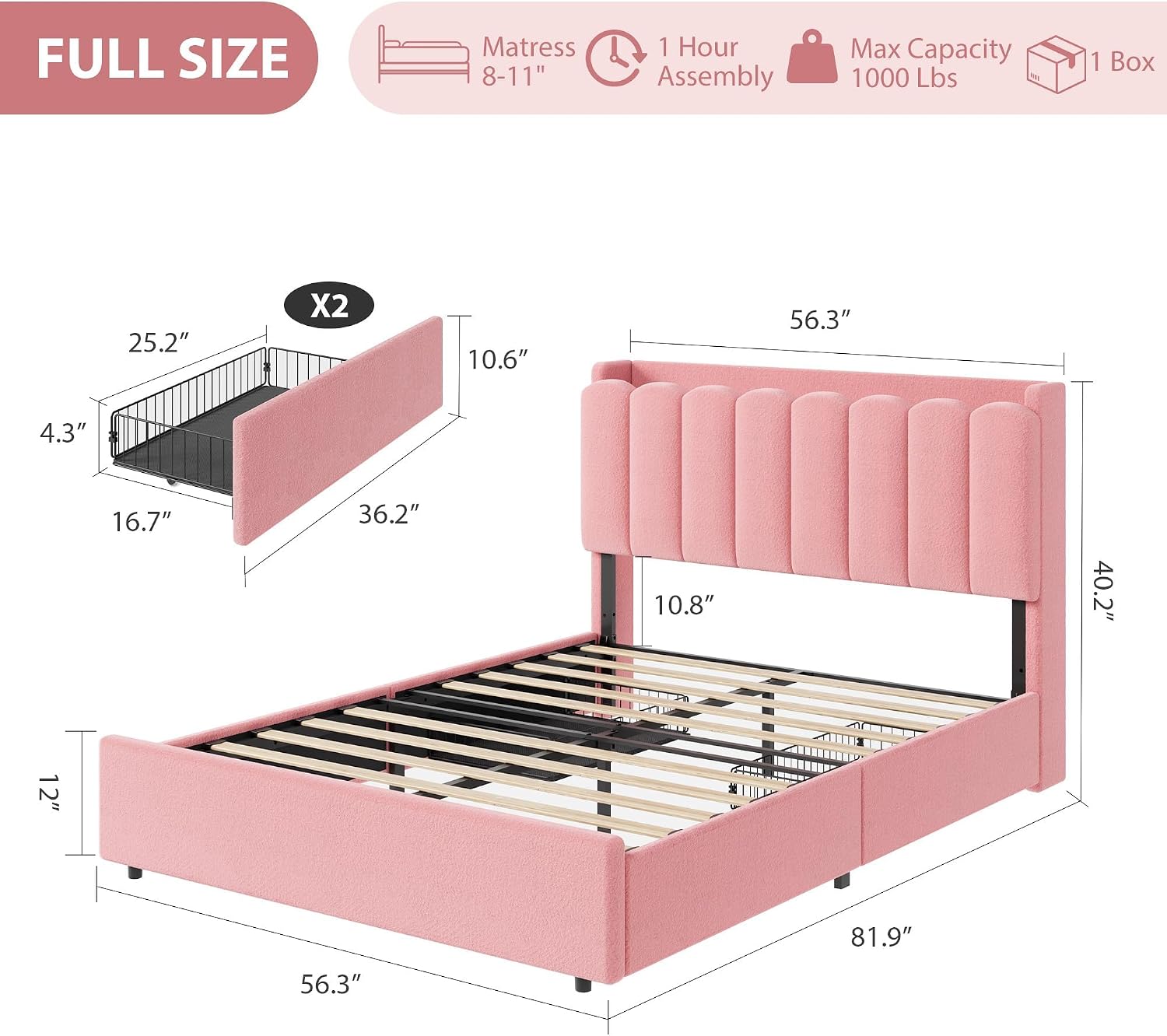 Garvee LED Full Size Bed Frame with Storage Headboard, Kids Bed Frame with 2 Drawers, Boucle Upholstered Platform Bed for Girls, Chic Wavy Headboard with Bookcase, No Box Spring Needed, Pink