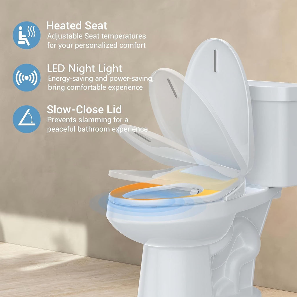 Bidet Toilet Seat, Electric Bidet, Warm Water with Air Dryer, Heated Seat, Slow Close Lid, Night Light, Remote Control, Bidet Attachment