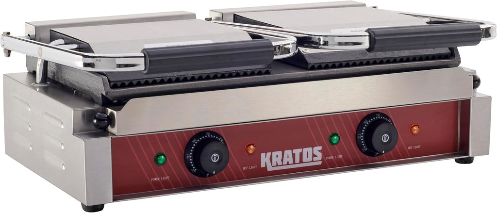 Kratos Commercial Electric Panini Sandwich Grill with Grooved Top and Smooth Bottom Plates, 18.7'x9' Cooking Surface, Commercial Countertop Panini Press, 120V, 3500W (29Y-025)