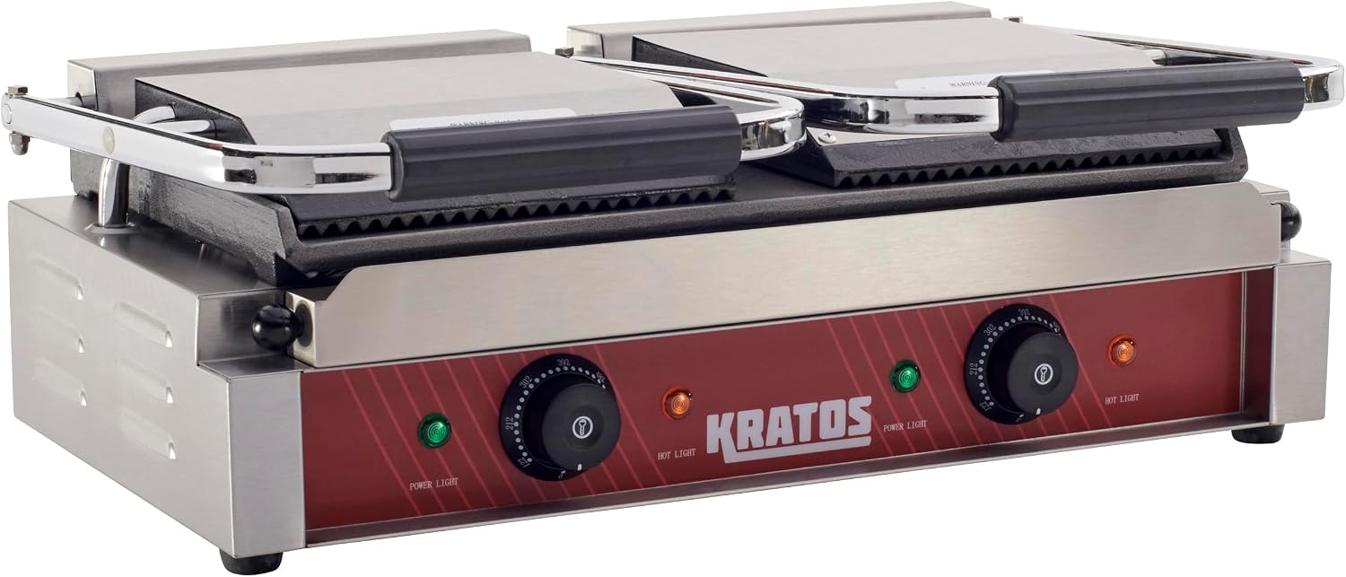 Kratos Commercial Electric Panini Sandwich Grill with Grooved Top and Smooth Bottom Plates, 18.7'x9' Cooking Surface, Commercial Countertop Panini Press, 120V, 3500W (29Y-025)