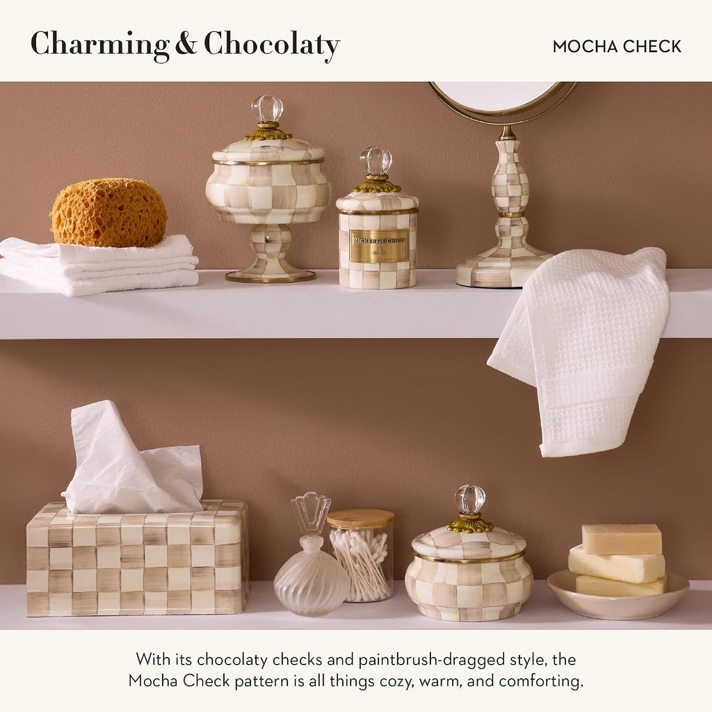 MACKENZIE-CHILDS Enamel Toilet Tissue Storage, Decorative Toilet-Paper Holder Stand for Bathroom, Brown-and-White Mocha Check