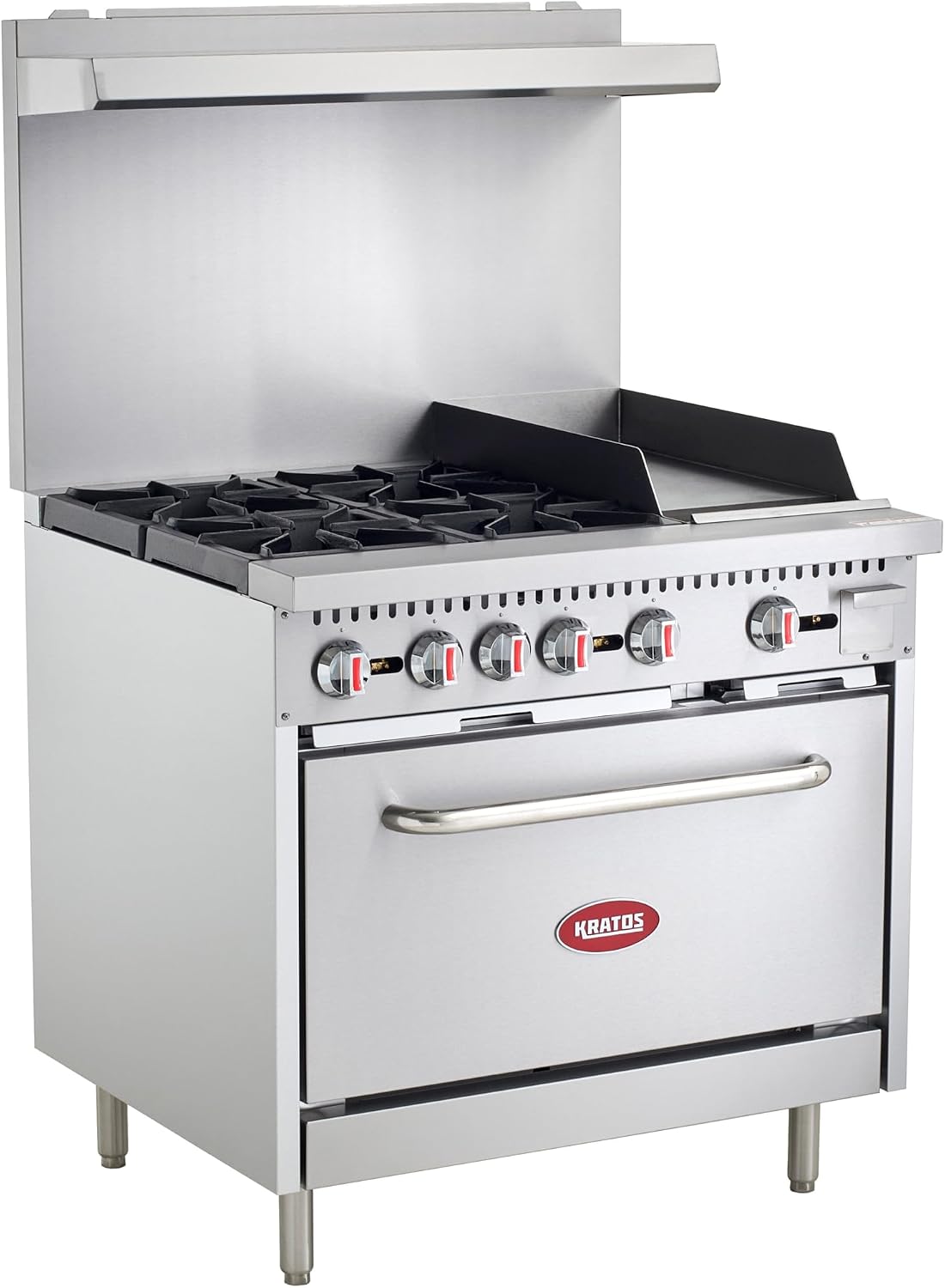 Kratos Commercial Gas Range, 36' Wide with 12' Griddle, 4 Burners, and 1 Standard Oven, Natural Gas (29Y-173-NAT)
