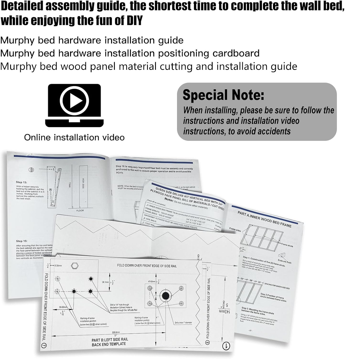 ROOMTEC Queen Murphy Bed Hardware Kit, Folding Wall Bed Kit,Horizontal,Easy to Install,Saving Space