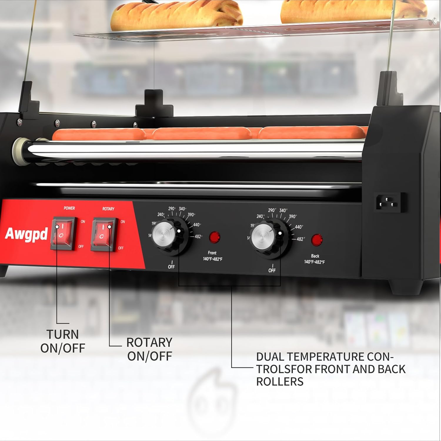 Hot Dog Roller Machine, Hot Dog Roller 5 Rollers 12 Hot Dogs Capacity, Hot Dog Roller with Glass Cover, Drip Tray, Dual Temperature Control for Commercial and Household Use (5 Rollers+Cover)