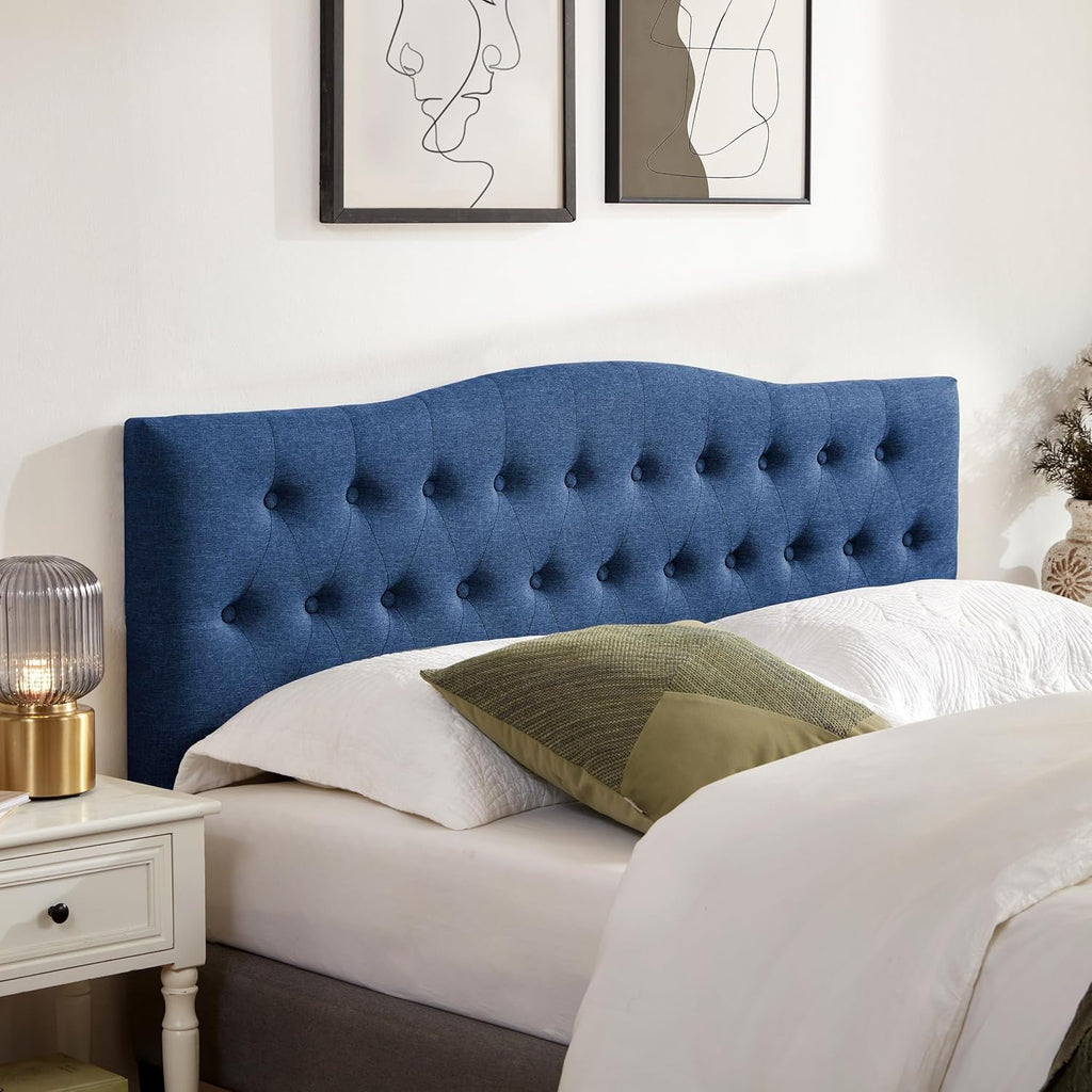 Huatean Home Tufted Upholstered Headboard King Size, Sturdy & Durable Solid Wood Bed headboard, Fabric Headboard Adjustable Height from 37' to 51', Modern Button Diamond Design Head Board, Blue