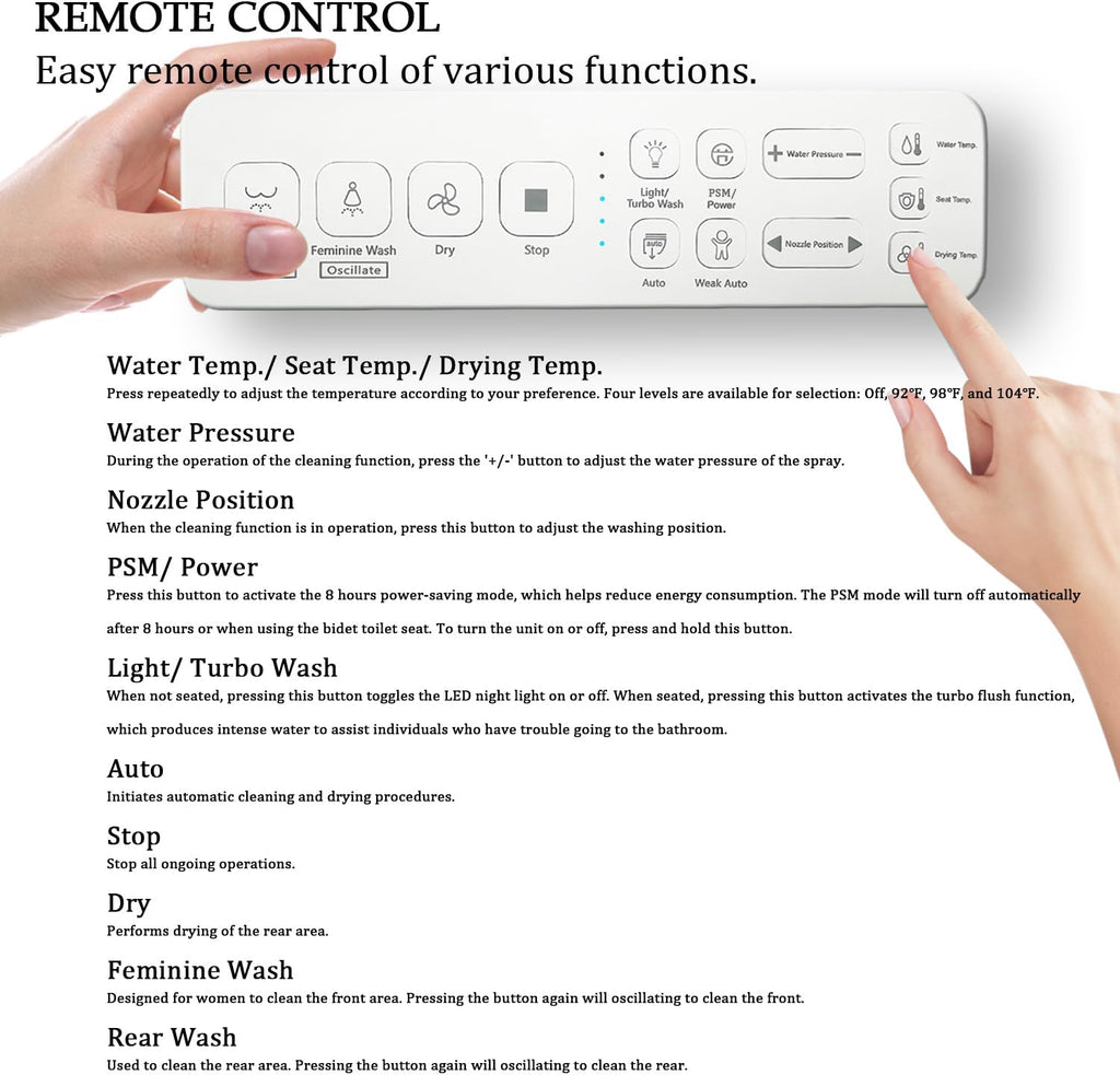 XCQQ Electric Bidet Toilet Seat with Remote, Heated Toilet Seat, Instant Warm Water, Warm Air Dryer, Rear & Feminine with Oscillating Cleansing, Night Light, Slow Close Lid, LED Display - Elongated