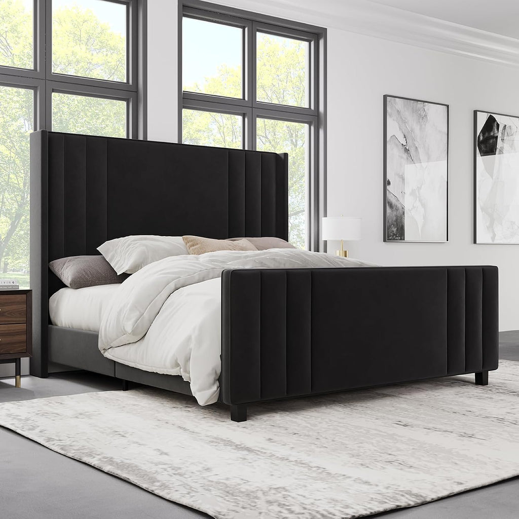Albott King Size Platform Bed Frame, Upholstered Bed with Vertical Channel Tufted Wingback Headboard & Footboard, Premium Velvet, No Box Spring Needed, Black