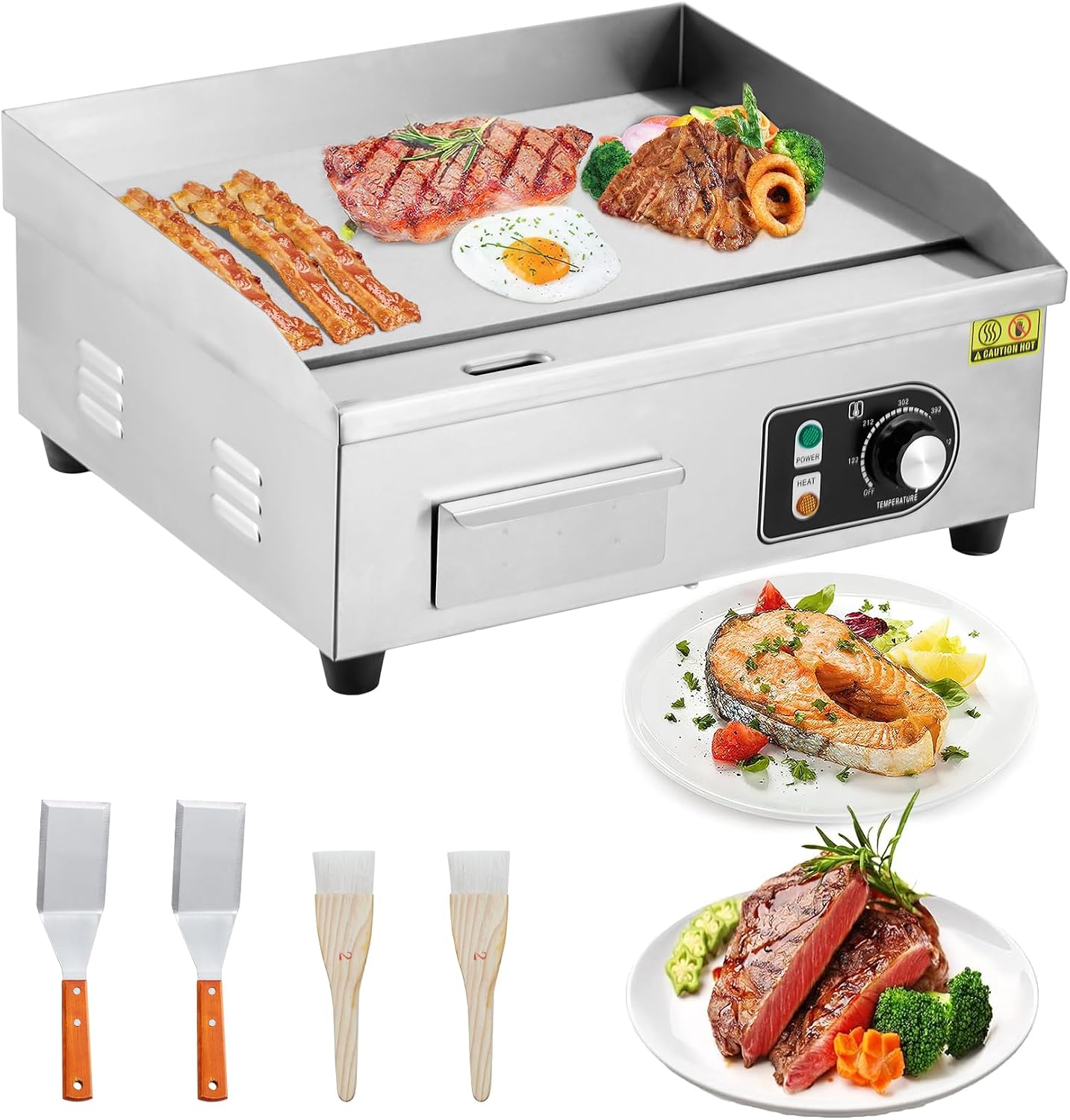 18' Commercial Electric Griddle 1600w Electric Countertop Griddle Non-Stick Restaurant, Stainless Steel Teppanyaki Flat Top Grill Adjustable Temperature Control 122°f-572°f