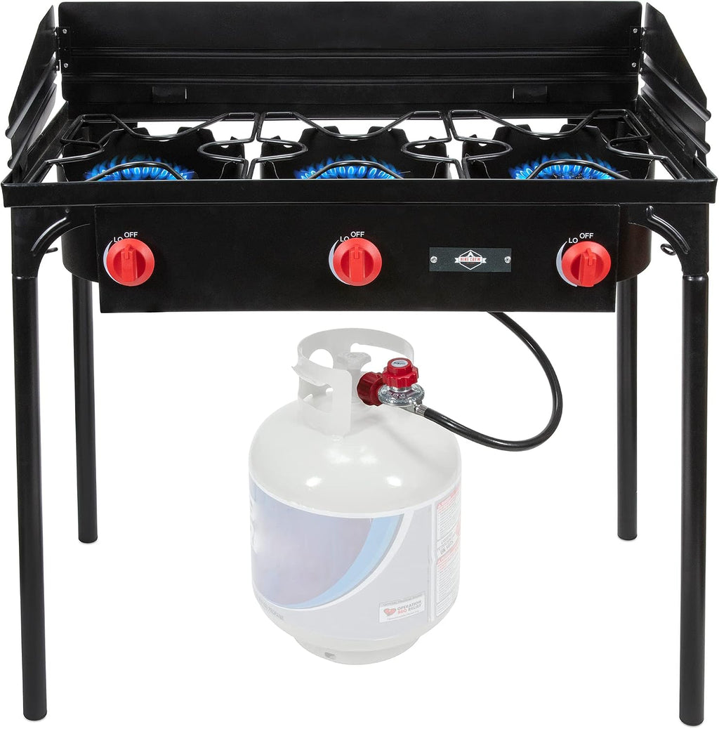 Hike Crew Cast Iron 3-Burner Outdoor Gas Stove | 225,000 BTU Portable Propane Cooktop w/Blue Flame Control, Removable Legs, Temperature Control Knobs, Wind Panel, Hose, Regulator & Storage Carry Case