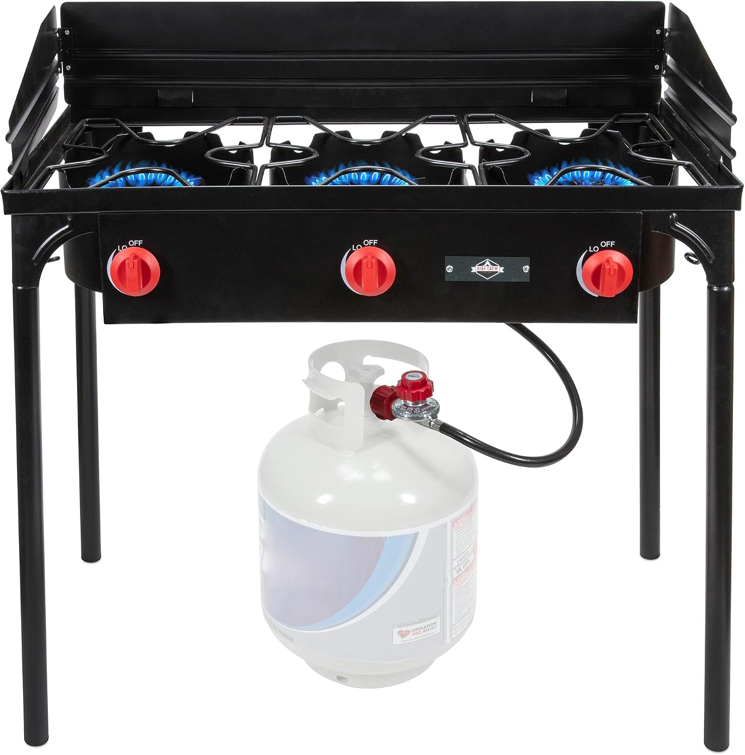 Hike Crew Cast Iron 3-Burner Outdoor Gas Stove | 225,000 BTU Portable Propane Cooktop w/Blue Flame Control, Removable Legs, Temperature Control Knobs, Wind Panel, Hose, Regulator & Storage Carry Case