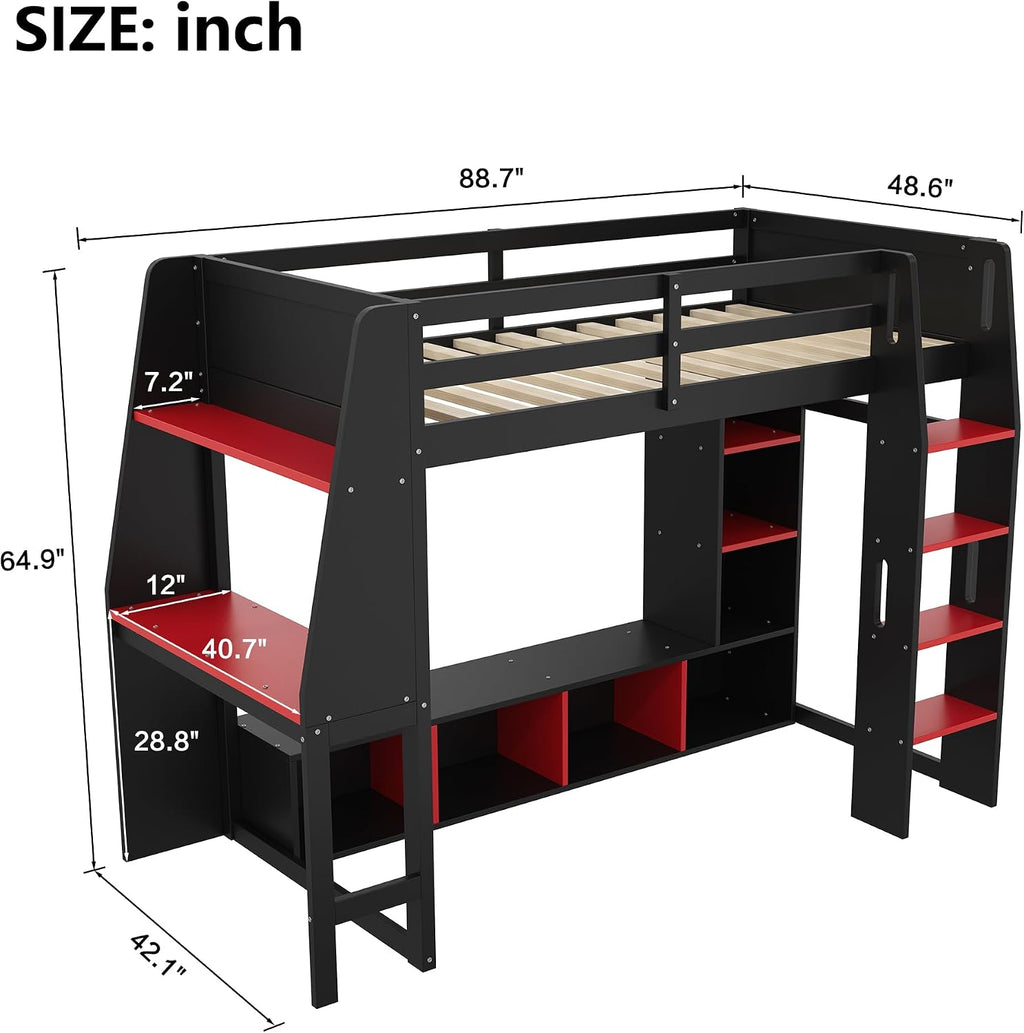 Harper & Bright Designs Twin Size Loft Bed with Gaming Desk,Storage Shelves,LED Light and Hanging Rack,Solid Wood Loft Bed Frame with Under-Bed Space,Esports Design for PC & Console Gamers,Black