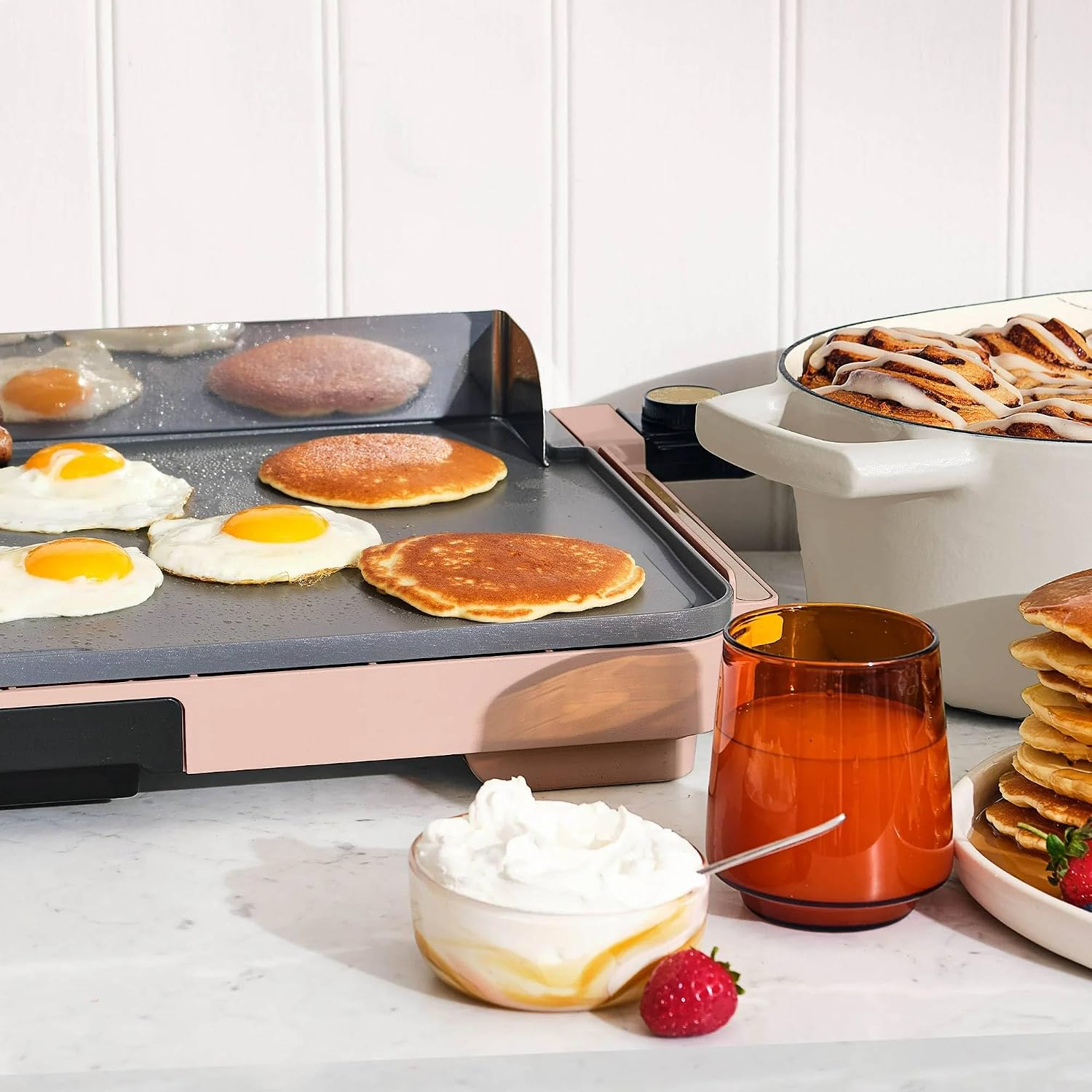 XL Electric Griddle 12' x 22' – Non-Stick, Family Size, Adjustable Temperature, Removable Drip Tray (Rose)