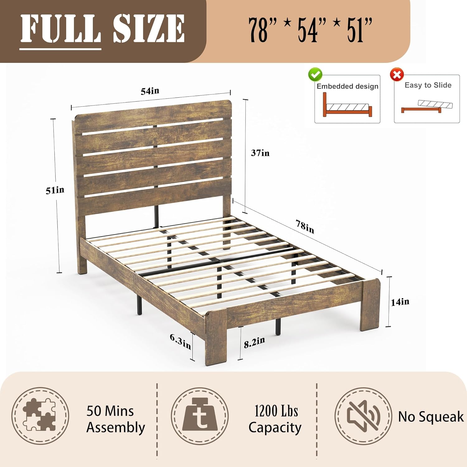 Wooden Full Size Bed Frame with Headboard, Rustic Farmhouse Platform Bedframe with Wood Slat Support, Sturdy and No Noise, Easy Assembly (Light Brown/Linear Headboard, Full)