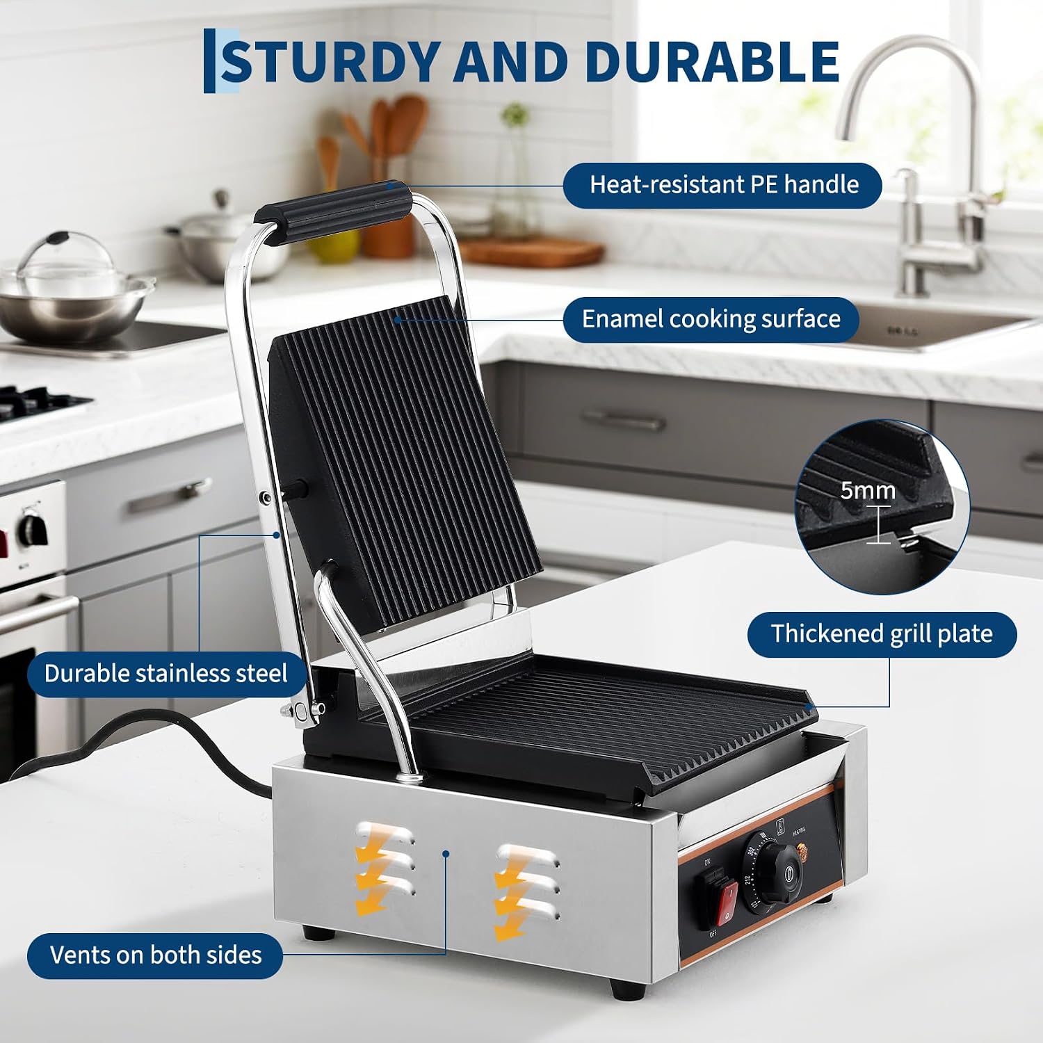 YS-811C 1800W Commercial Panini Press & Electric Grill, 9x9 Inch Sandwich Maker with 6-Temp Control, 110V Indoor Grill for Burgers, Panini, Breakfast, Silver