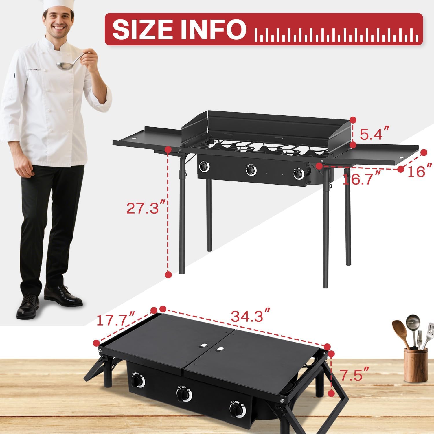 3 Burner Propane Camp Stove | 225,000 BTU Gas Burners | Side Shelves | Windscreen | Waterproof Cover | Detachable Legs | Ideal for Camping Backyard Outdoor Cooking