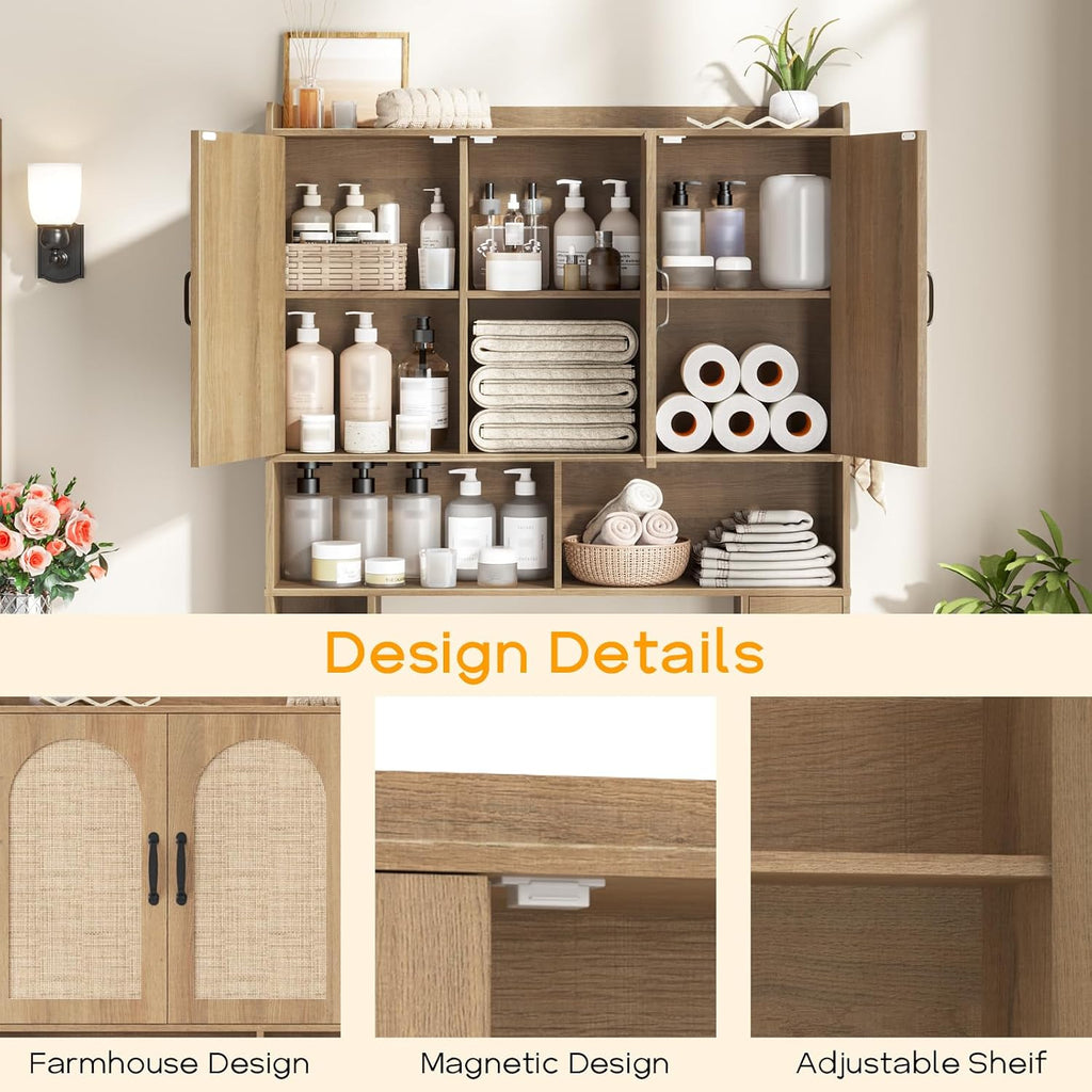 Vabches Over The Toilet Storage Cabinet,Farmhouse Over Toilet Bathroom Organizer with 3 Barn Doors & Toilet Paper Holder Stand,Home Space-Saving Toilet Rack with Shelves，for Bathroom,Restroom,Laundry