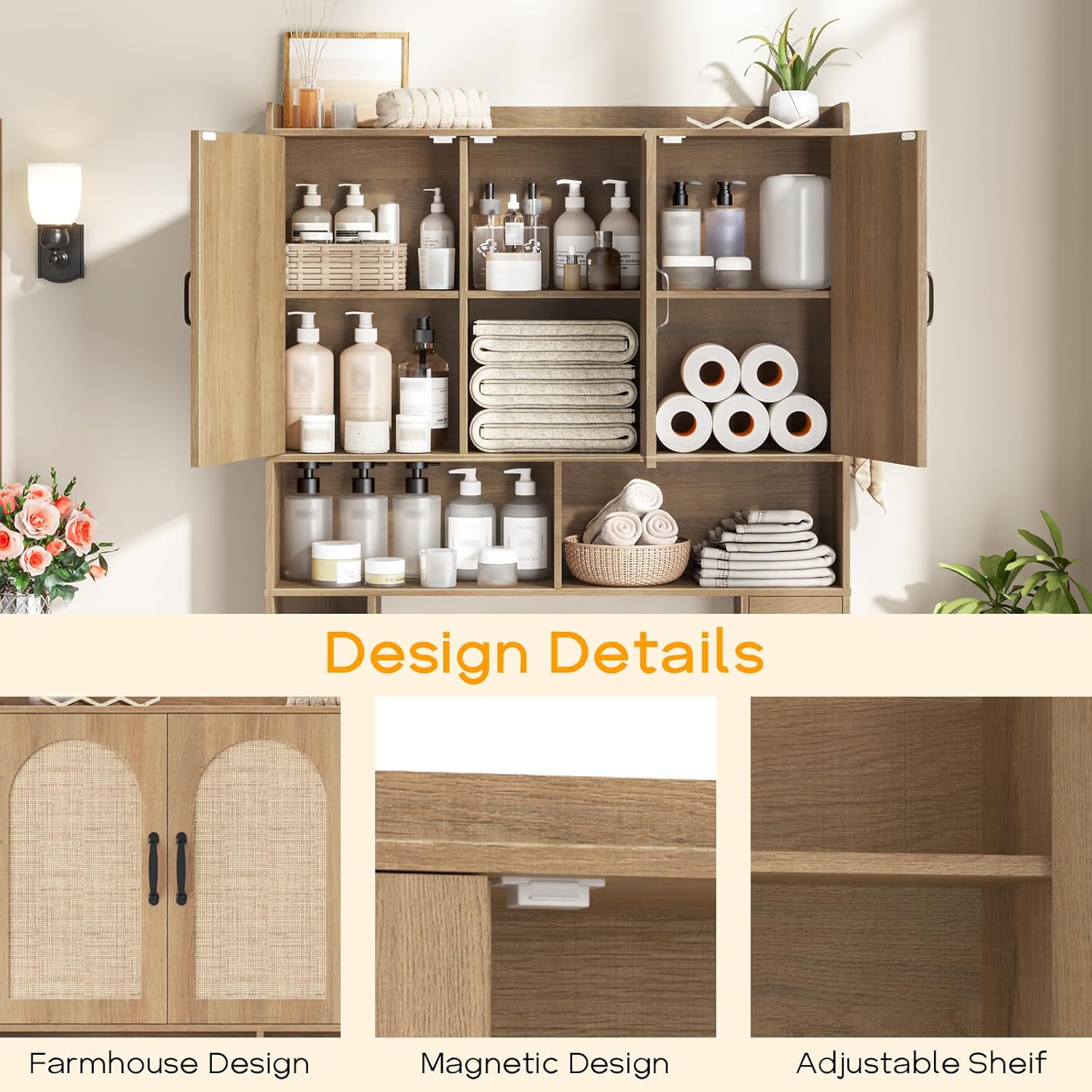 Vabches Over The Toilet Storage Cabinet,Farmhouse Over Toilet Bathroom Organizer with 3 Barn Doors & Toilet Paper Holder Stand,Home Space-Saving Toilet Rack with Shelves，for Bathroom,Restroom,Laundry