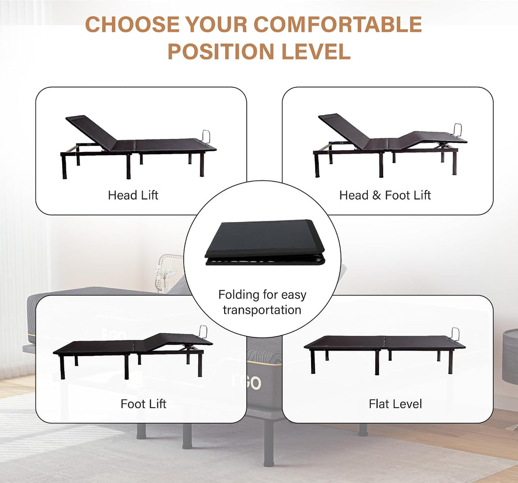 MLILY EGOHOME Adjustable Bed Frame Twin XL and 14 inch Memory Foam Mattress, Wireless Remote Adjustable Bed Base with 12' Adjustable Legs and Head and Foot Incline, Zero Gravity, Easy Assembly