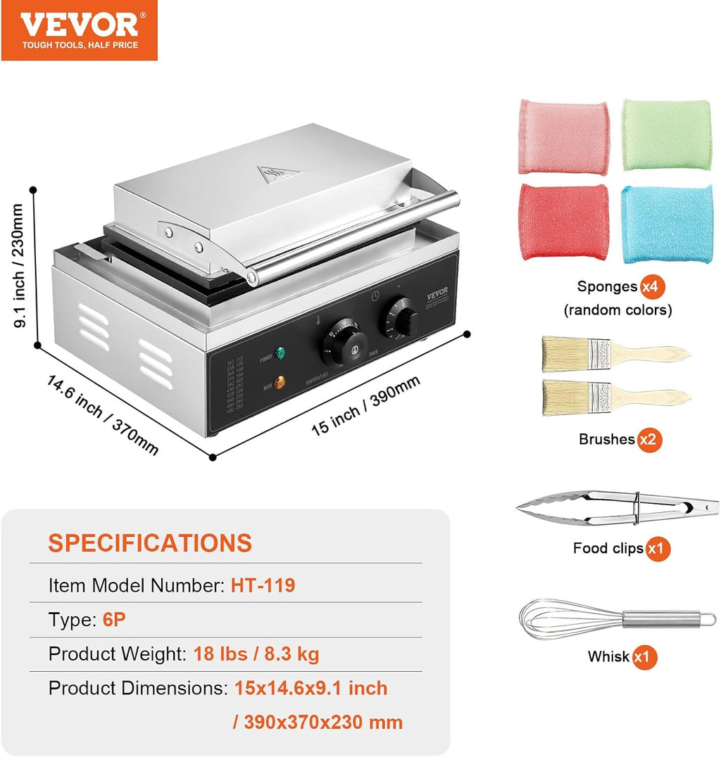 VEVOR Commercial Waffle Stick Maker, 6PCS 1500W Waffle Baker Machine, Non-Stick Stainless Steel Corn Hot Dog Waffle Iron with Temp and Time Control, Handle, for Restaurant Bakery Snack Bar Family