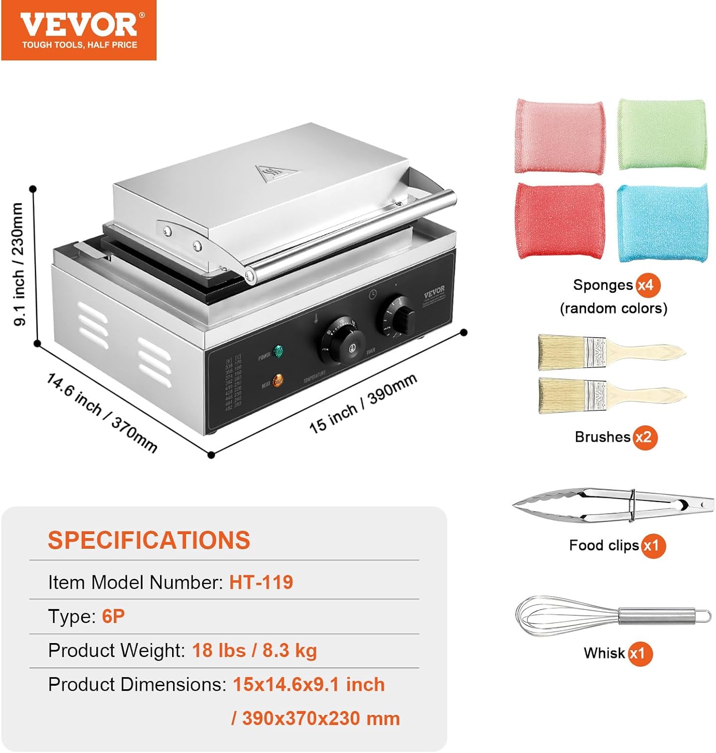 VEVOR Commercial Waffle Stick Maker, 6PCS 1500W Waffle Baker Machine, Non-Stick Stainless Steel Corn Hot Dog Waffle Iron with Temp and Time Control, Handle, for Restaurant Bakery Snack Bar Family