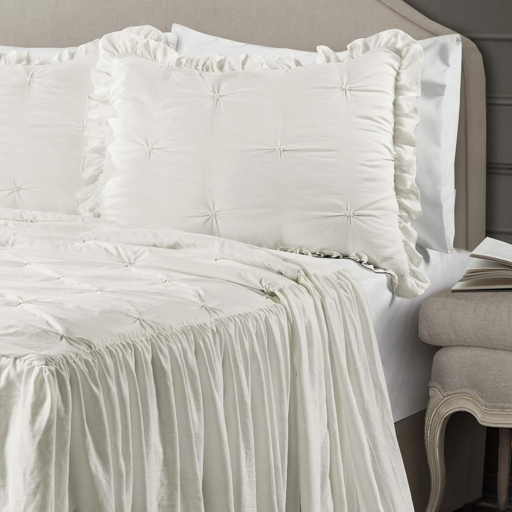Lush Decor Ravello Pintuck Ruffle Skirt Bedspread Set - Luxe 3 Piece Ruffled Bedding Set - Traditional Glam & Farmhouse Inspired Bedroom Decor - King, White