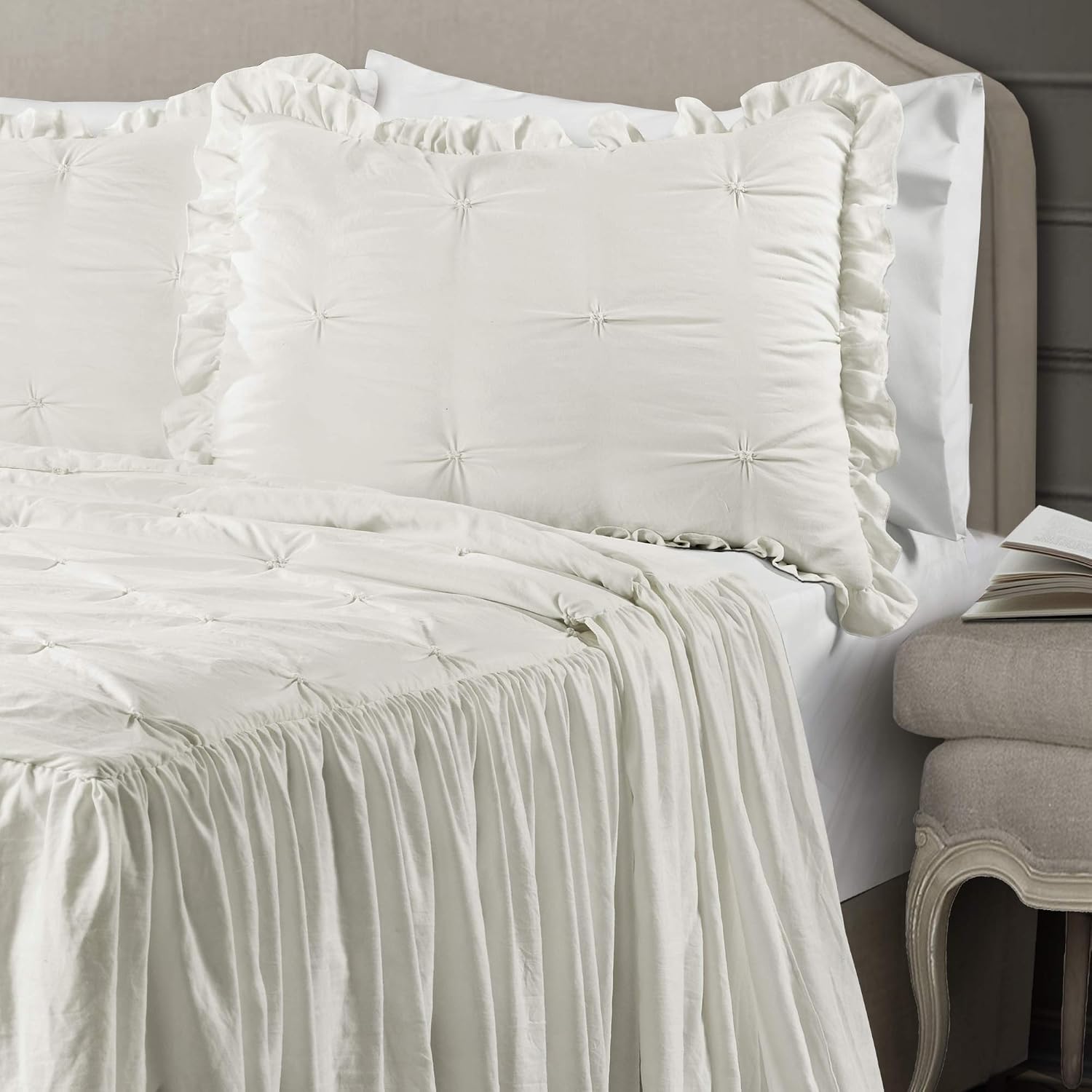 Lush Decor Ravello Pintuck Ruffle Skirt Bedspread Set - Luxe 3 Piece Ruffled Bedding Set - Traditional Glam & Farmhouse Inspired Bedroom Decor - King, White