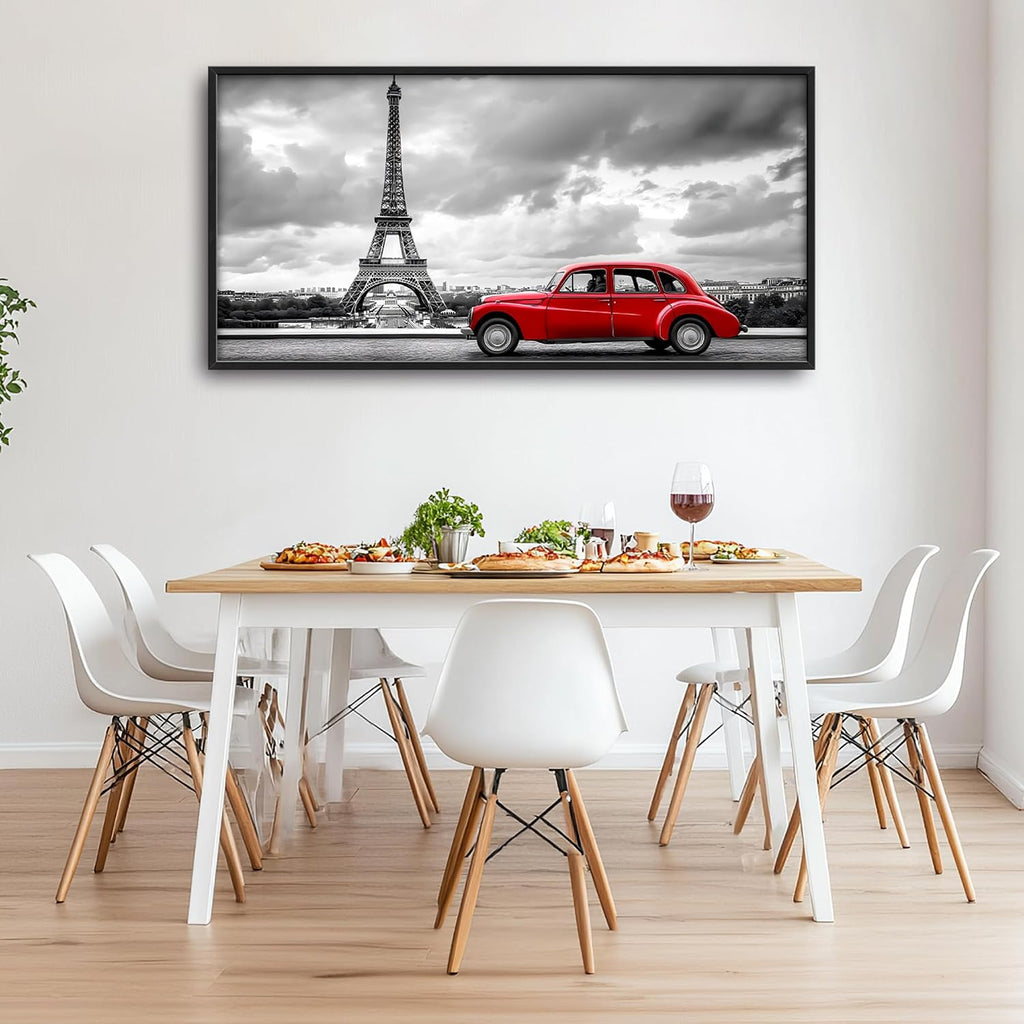 Eiffel Tower Large Wall Art Black and White Framed Red Wall Decor for Living Room Paris City Pictures Oversized Canvas Print Painting Modern Extra Large Framed Artwork for Bedroom Office 60'x30'