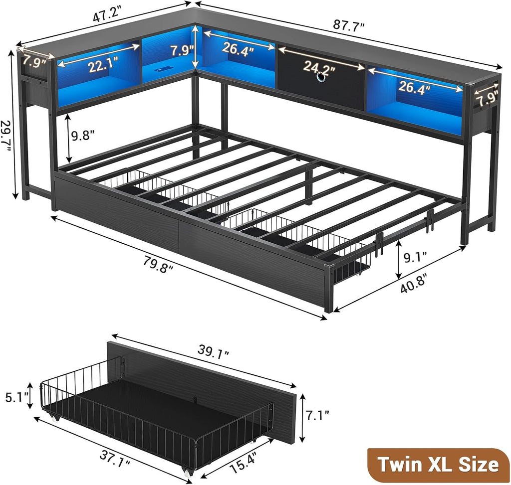 Hasuit Corner Bed Frame Twin XL with Storage Drawers and Bookcase Headboard, Metal Platform Corner Bed Frame with Charging Station and LED Lights, Twin XL Size Daybed for Kids Teens Guests, Black