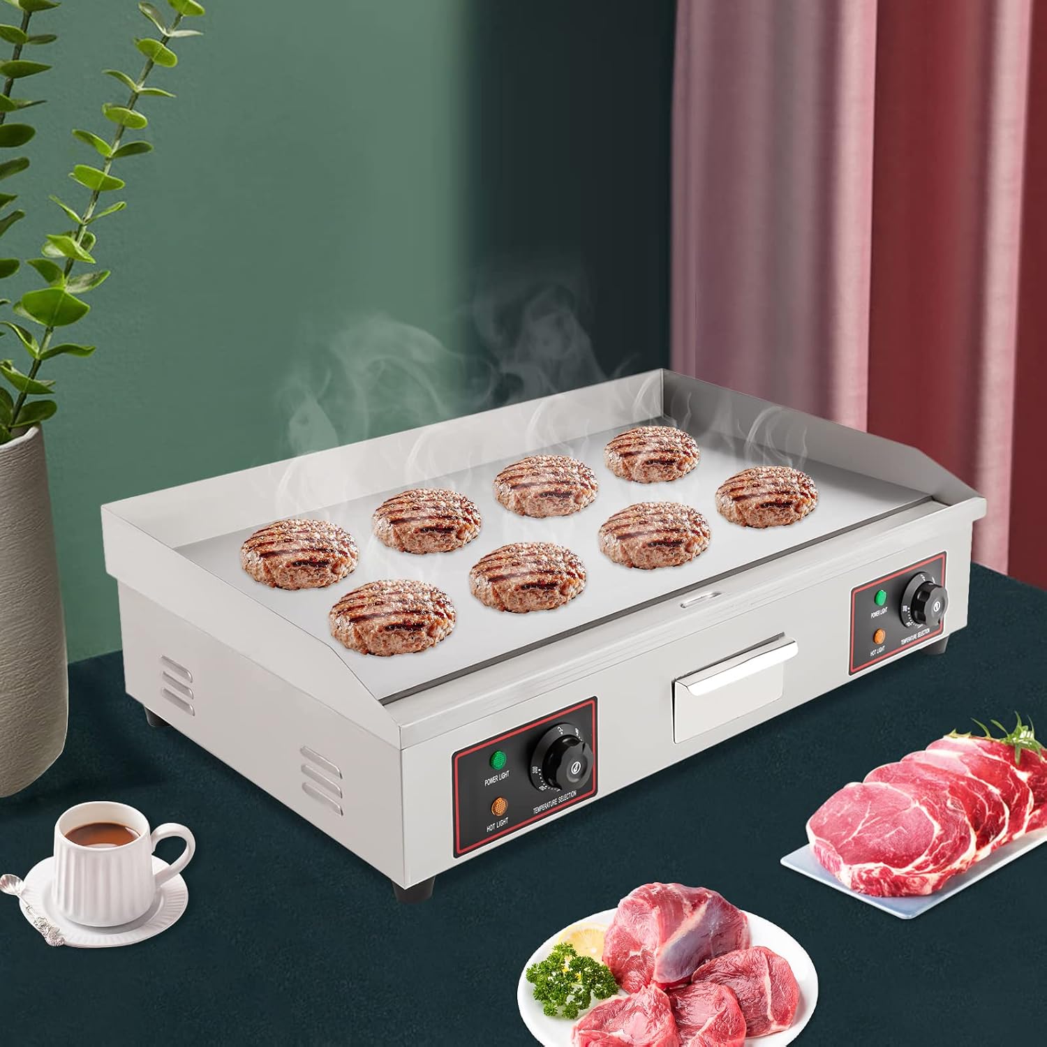 Bacocoo 3000W Commercial Flat Top Griddle, 30 Inch Electric Countertop Griddle,122°F-572°F Adjustable Temp, Cast Iron Cooking Plate & Stainless Steel Body for Restaurant, Food Truck.