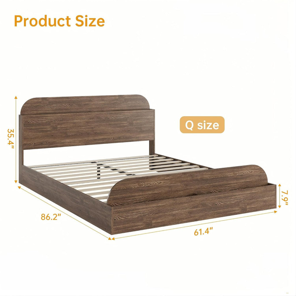 GarveeHome Queen Size Bed Frame, Wooden Beds with Storage Headboard and Raised-Foodboard, Queen-Floor Low Platform Bed for Bedroom, Sturdy Wooden Slats Support, No Box Spring Needed, Walnut