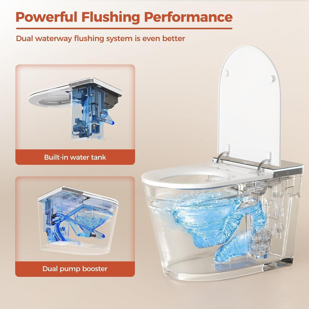 Smart Toilet with Auto Open/Close Lid - ADA Height Heated Seat, Warm Water Bidet, Dryer, Foam Shield, Night Light, Dual Auto Flush, Foot Sensor, Modern Elongated One-Piece Toilet for Bathrooms
