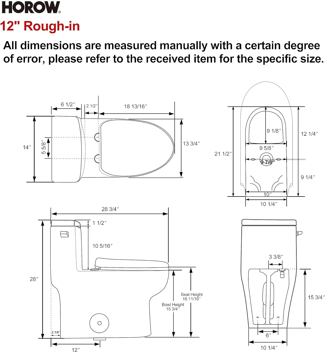 HOROW HR-ST076W Elongated Toilet with Left-Hand Trip Lever, One Piece Toilet for Bathroom, Soft Closing Seat Include, Single Side Flush High Efficiency 1.28 GPF, 12'' Rough-In, White Toilet Bowl