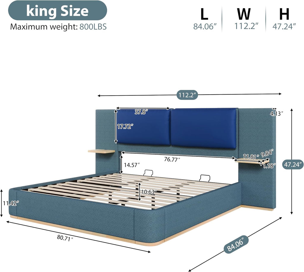 Merax King Size Upholstered Platform Bed Frame with Large PU Leather Headboard and Bothside Shelves, Modern Bedroom Furniture & Solid Wood Slats Support, No Box Spring Needed, Easy Assembly, Blue