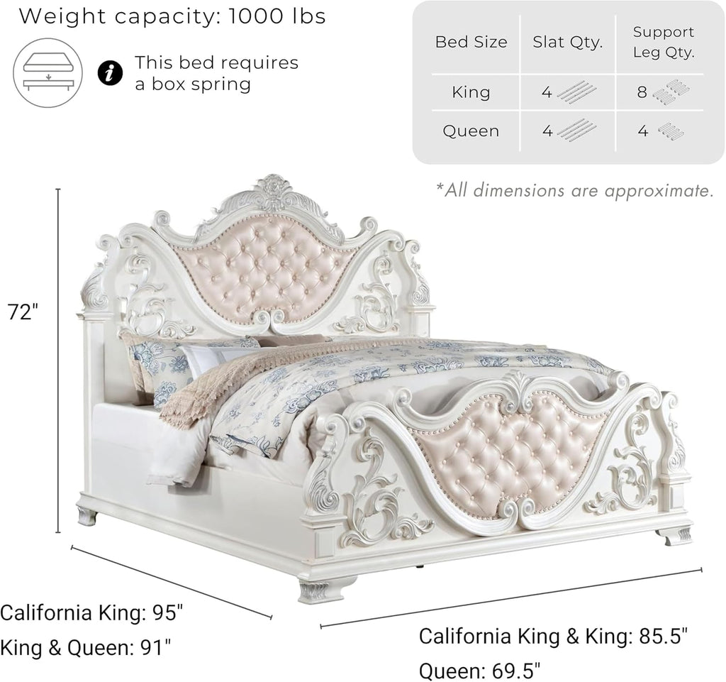 Furniture of America Clairibel Traditional Wood Eastern King-Size Bed with Button-Tufted Headboard and Carved Details, Box Spring Required for Bedroom, Guess Room, Pear White