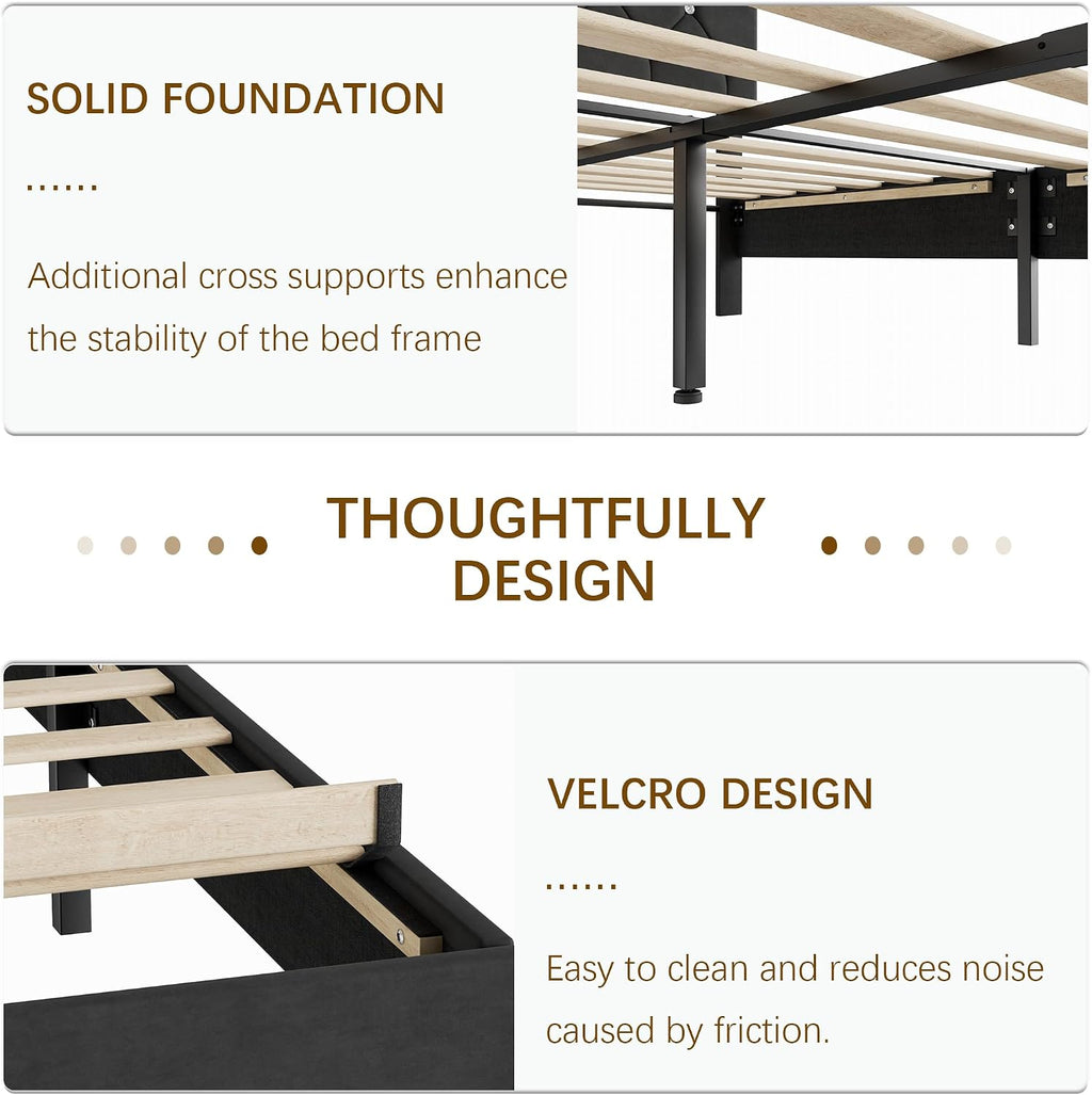 VECELO Full Size Bed Frame with Diamond Tufted Headboard, Upholstered Platform Bedframe with Wood Slat Support, No Box Spring Needed, Velvet & Black