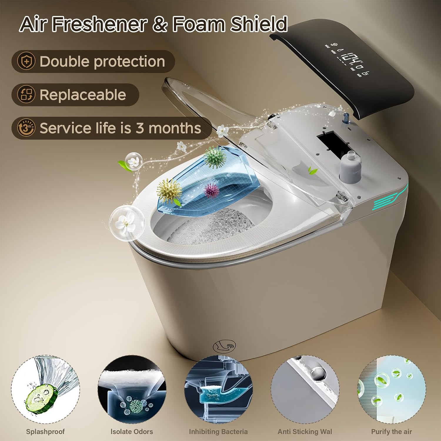 Smart Toilet with Bidet Built In ADA Height 17.7', 1.28GPF Power Flush, One Piece Bidet Toilet Design with Heated Seat, Voice Control, Remote Control, Foam Shield, Tankless Modern Toilet BSJ
