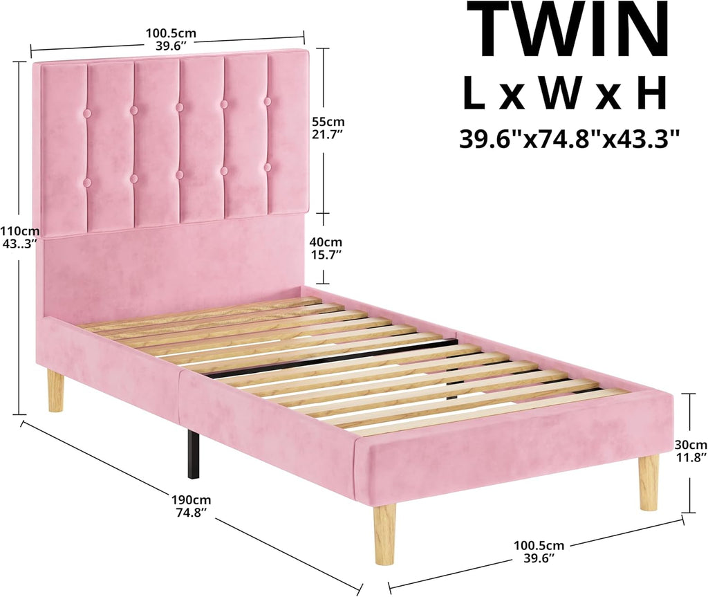 LIKIMIO Twin Bed Frames, Velvet Upholstered Platform Bed Frame with Headboard and Strong Wooden Slats, No Box Spring Needed/Noise-Free/Easy Assembly, Pink