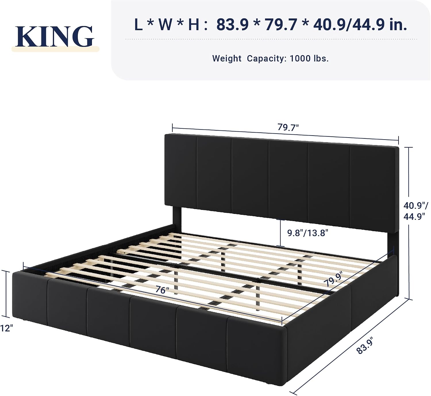 Allewie King Size Dutch Velvet Upholstered Platform Bed Frame/Vertical Channel Tufted Adjustable Headboard/Low Profile Bed Frame/No Box Spring Needed/Easy Assembly/Black