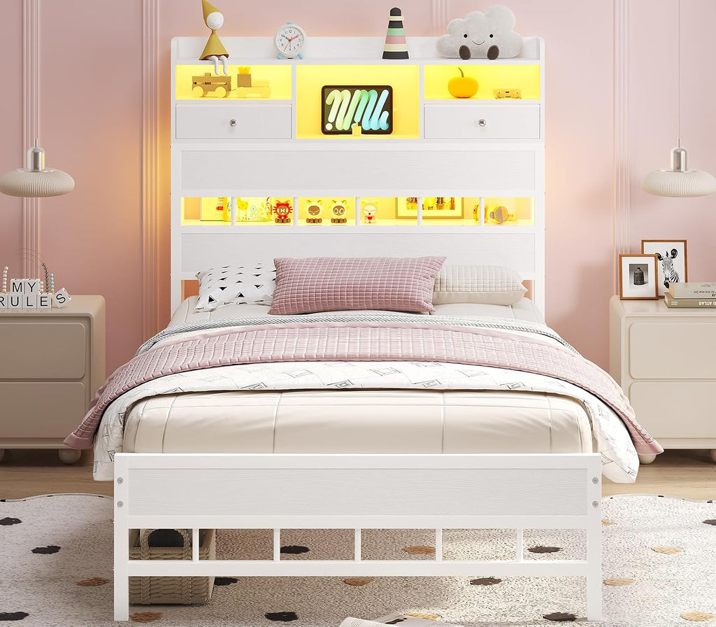 BTHFST Twin Bed Frames with Headboard & Charging Station, LED Bed Frame Twin with 5 Storage Shelves & 2 Fabric Drawers, Platform Bed Frames for Kids, No Box Spring Needed, White