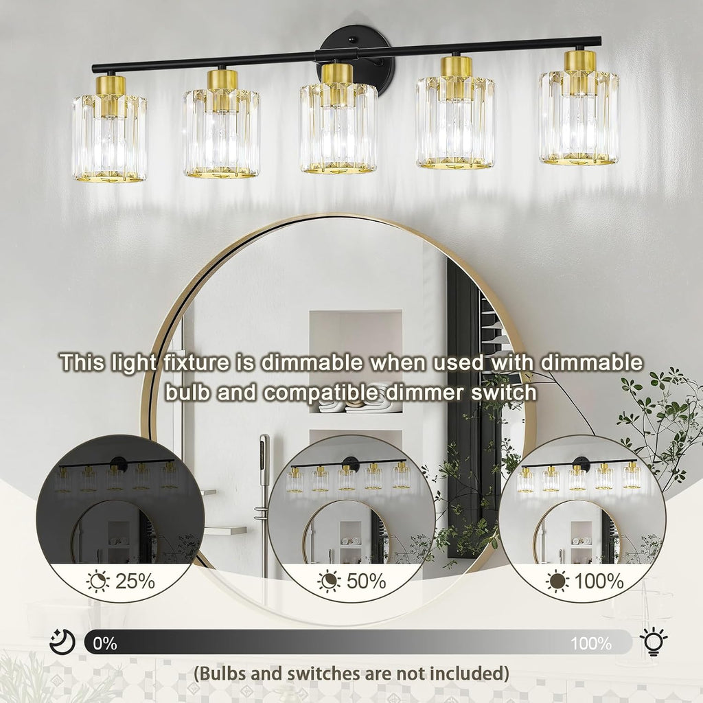 Crystal Bathroom Light Fixtures, Bathroom Lighting Fixtures Over Mirror, Modern Black Gold 5-Light Vanity Lights for Mirror,Restroom, Bedroom (Ceramic E26 Socket,Bulbs Not Include)