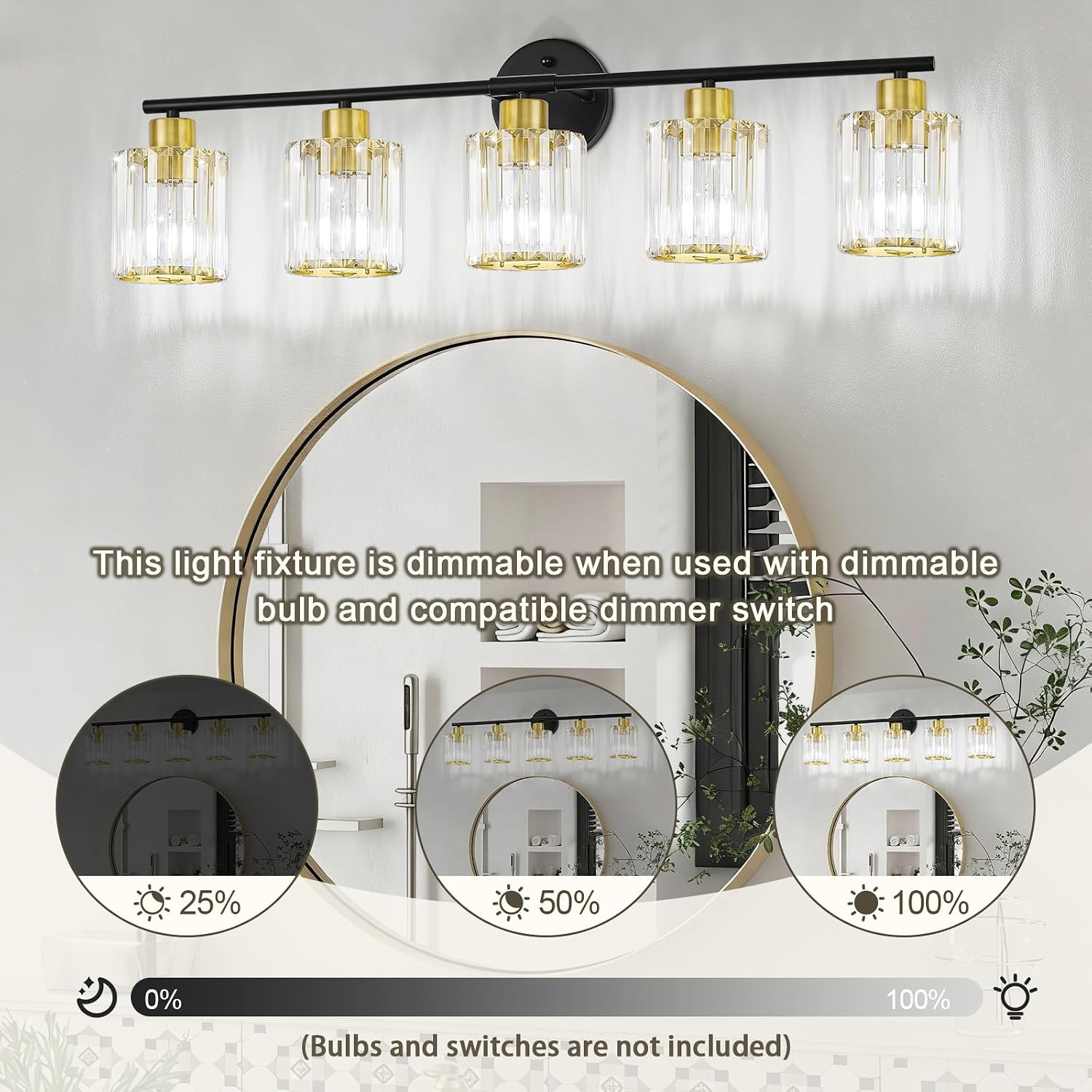 Crystal Bathroom Light Fixtures, Bathroom Lighting Fixtures Over Mirror, Modern Black Gold 5-Light Vanity Lights for Mirror,Restroom, Bedroom (Ceramic E26 Socket,Bulbs Not Include)