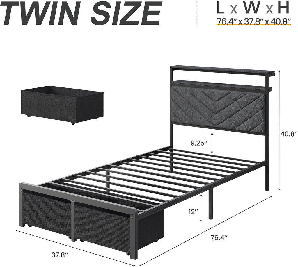 HISOFT Twin Bed Frame with Charging Station, LED Lights & 2 Storage Drawers, Grey Platform Bed with Upholstered Headboard, Under-Bed Storage, No Box Spring Needed, Easy Assembly, Strong Metal Support