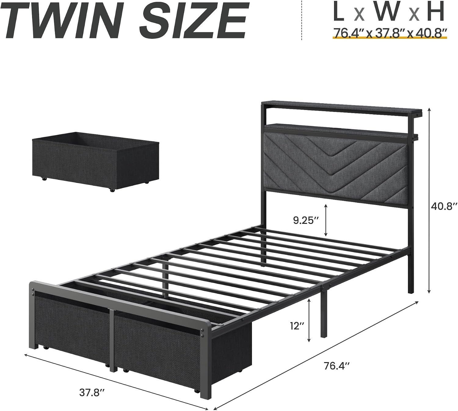 HISOFT Twin Bed Frame with Charging Station, LED Lights & 2 Storage Drawers, Grey Platform Bed with Upholstered Headboard, Under-Bed Storage, No Box Spring Needed, Easy Assembly, Strong Metal Support